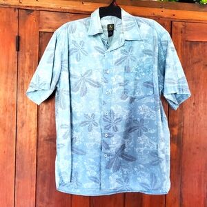 AIGLE Cotton Button-down‎ Light Blue Hibiscus Vacation Shirt Mens Short Sleeve L